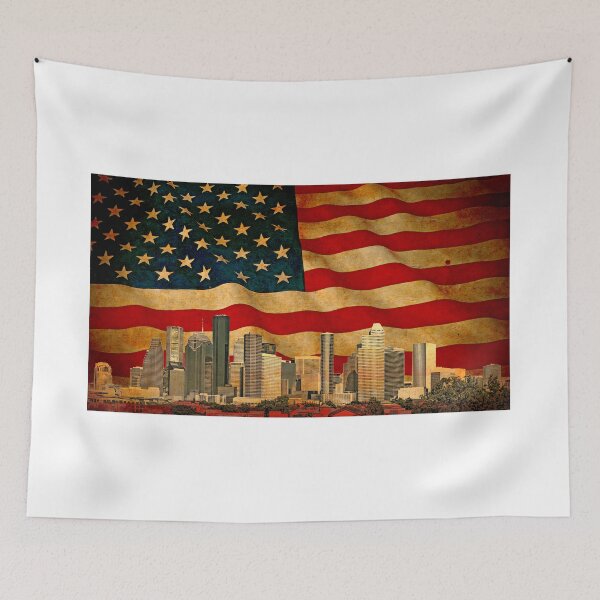 Item preview, Downtown Houston skyline blended with the US flag waving on old paper texture designed and sold by NickoPrints.