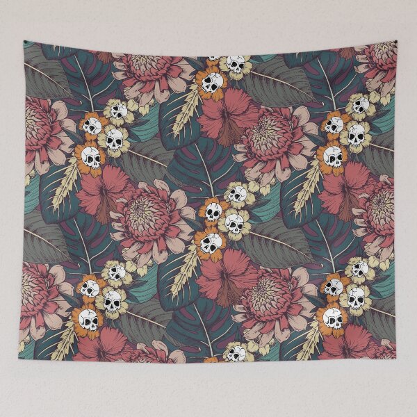 Item preview, Botanical skulls and flowers tropical tiki goth floral pattern designed and sold by RedFinchDesigns.