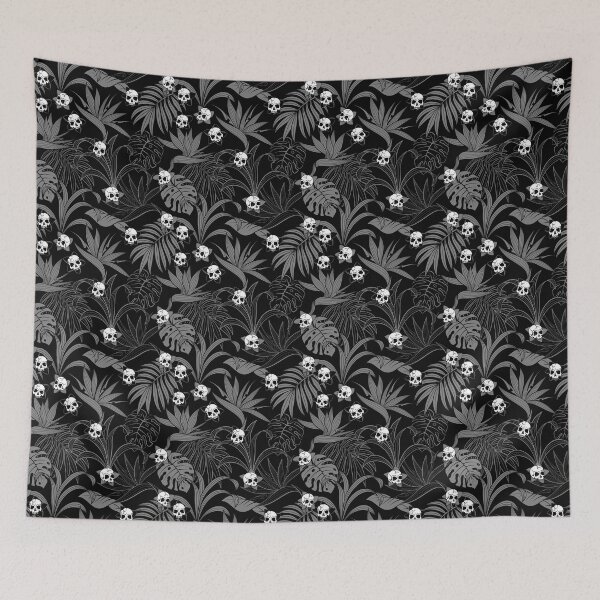 Item preview, Black and white skulls and flowers tiki tropical goth floral pattern designed and sold by RedFinchDesigns.