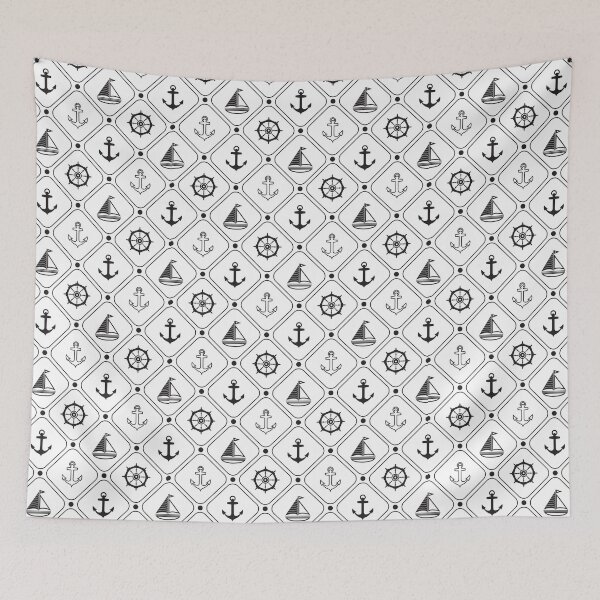 Item preview, Nautical pattern ~ Rounded squares with anchors and boats ~ Black on white designed and sold by oceanys.