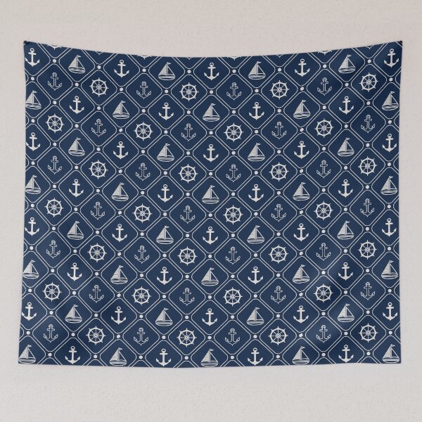 Item preview, Nautical pattern ~ Rounded squares with anchors and boats ~ White on navy blue designed and sold by oceanys.
