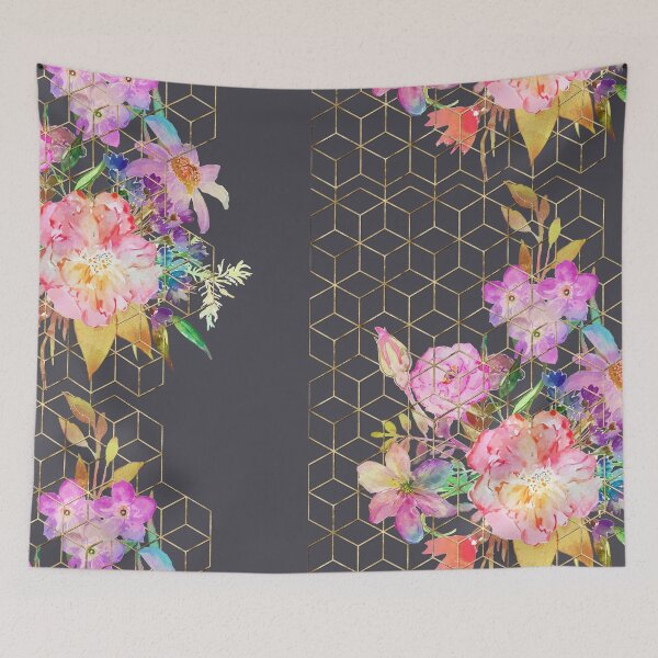 Item preview, Modern watercolor floral and gold geometric cubes designed and sold by InovArtS.