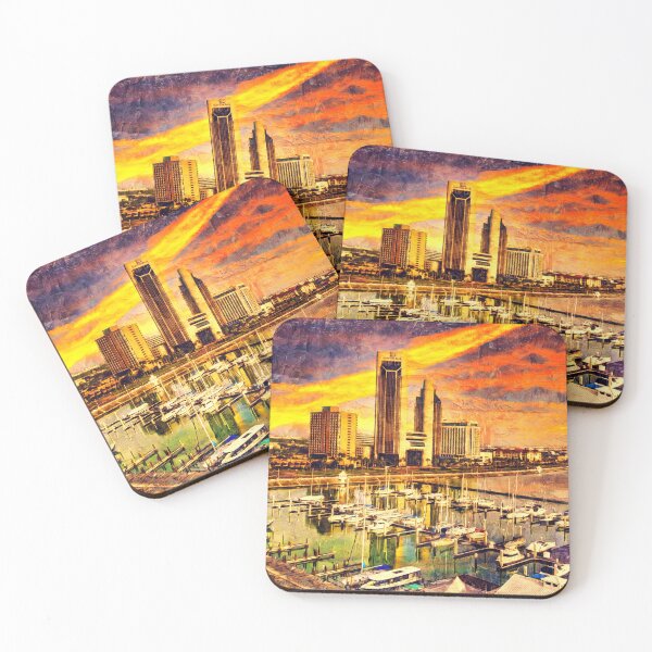 Item preview, Corpus Christi downtown seen from the marina at sunset - digital painting designed and sold by NickoPrints.