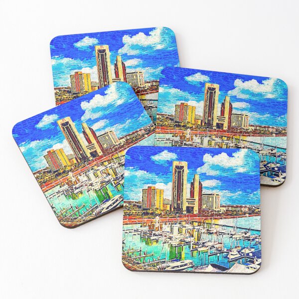 Item preview, Corpus Christi downtown with One Shoreline Plaza seen from the marina - impressionist painting designed and sold by NickoPrints.