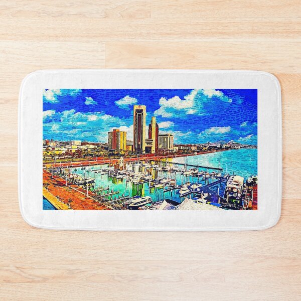 Item preview, Corpus Christi downtown with One Shoreline Plaza seen from the marina - impressionist painting designed and sold by NickoPrints.