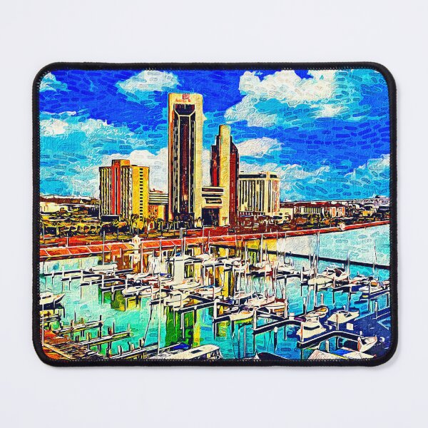 Item preview, Corpus Christi downtown with One Shoreline Plaza seen from the marina - impressionist painting designed and sold by NickoPrints.
