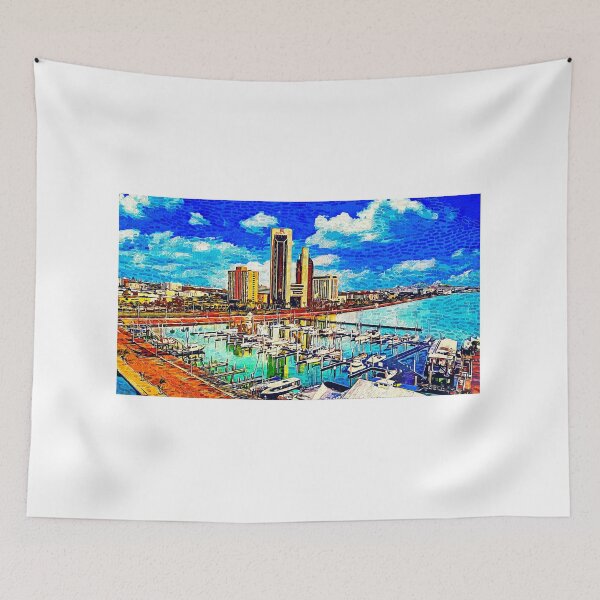 Item preview, Corpus Christi downtown with One Shoreline Plaza seen from the marina - impressionist painting designed and sold by NickoPrints.