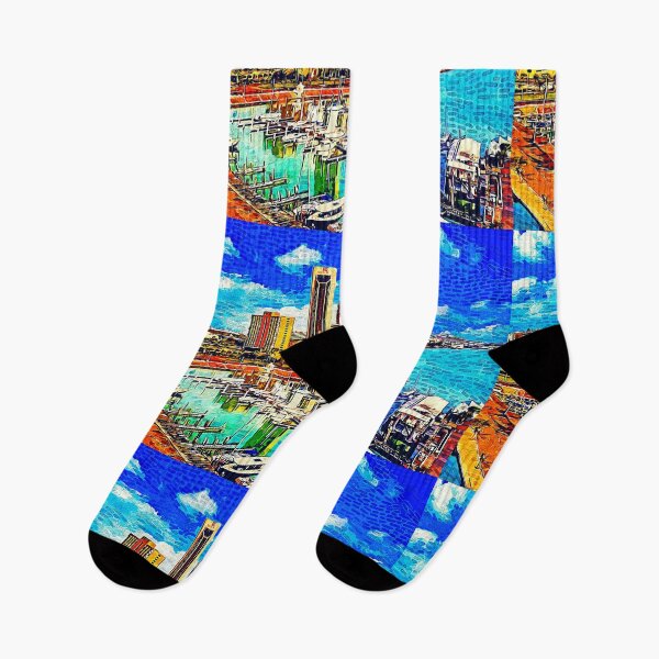 Item preview, Corpus Christi downtown with One Shoreline Plaza seen from the marina - impressionist painting designed and sold by NickoPrints.