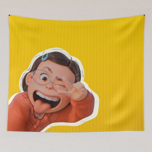 Item preview, Meilin showing peace sign yellow background designed and sold by Talitha Marya.