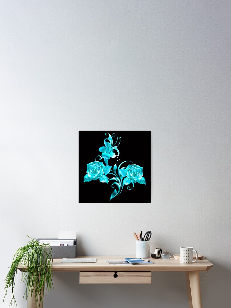 Art Nouveau Turquoise Roses on Black Poster