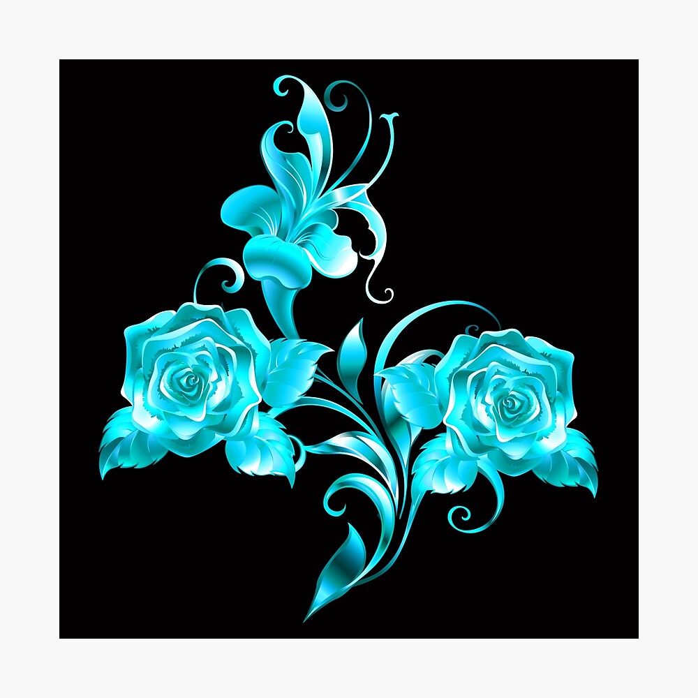 Art Nouveau Turquoise Roses on Black Poster