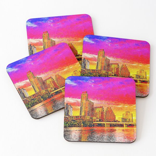 Artikelvorschau, Die Skyline der Innenstadt von Austin vom Colorado River aus gesehen - impressionistische Malerei entworfen und verkauft von NickoPrints.