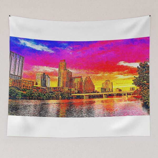 Item preview, Downtown Austin skyline seen from the Colorado River - impressionist painting designed and sold by NickoPrints.