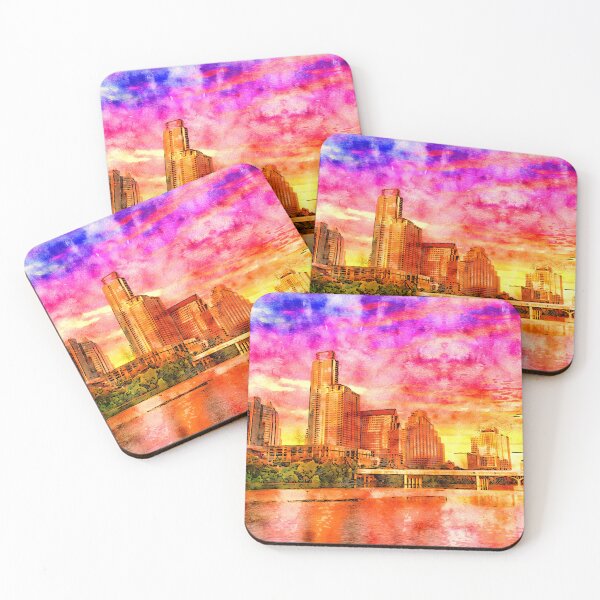Artikelvorschau, Die Skyline der Innenstadt von Austin vom Colorado River aus gesehen - Stift und Aquarell entworfen und verkauft von NickoPrints.