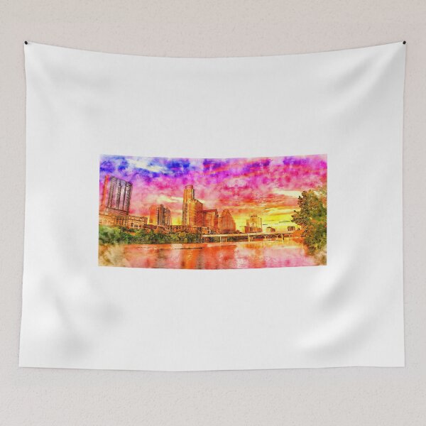 Item preview, Downtown Austin skyline seen from the Colorado River - pen and watercolor designed and sold by NickoPrints.