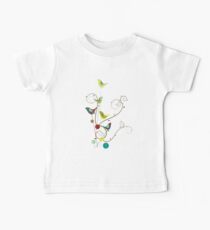 Colorful Whimsical Summer Red, Teal and Yellow Birds with Swirls Baby Tee