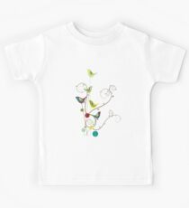 Colorful Whimsical Summer Red, Teal and Yellow Birds with Swirls Kids Tee