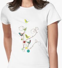 Colorful Whimsical Summer Red, Teal and Yellow Birds with Swirls Women's Fitted T-Shirt