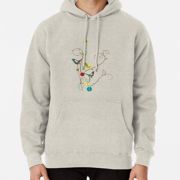 Colorful Whimsical Summer Red, Teal and Yellow Birds with Swirls Pullover Hoodie