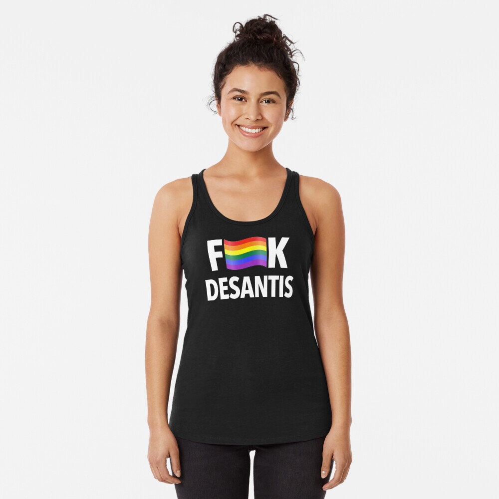 F DeSantis - Censored with a Gay Pride Flag (white) Racerback Tank Top