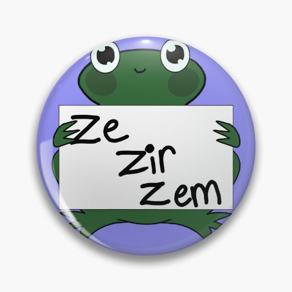 Item preview, Ze/zir/zem pronoun neopronoun pin frog LGBTQ+ nonbinary enby trans designed and sold by Spell-the-Bee.