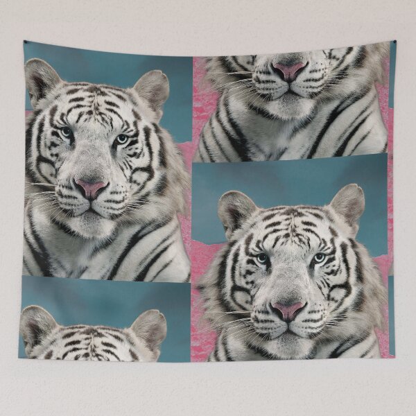 Item preview, White Tiger in Space - Pink and Turquoise Blue Portrait designed and sold by maecreativeco.