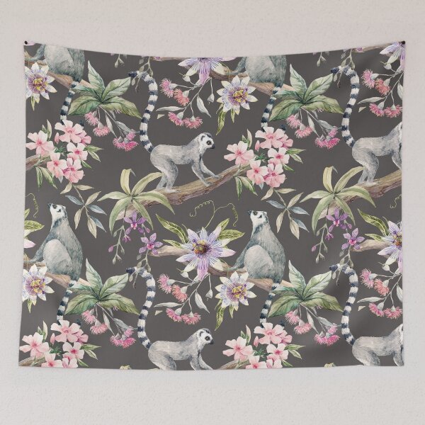 Item preview, Watercolor tropical pattern with lemurs designed and sold by JoycePruit.