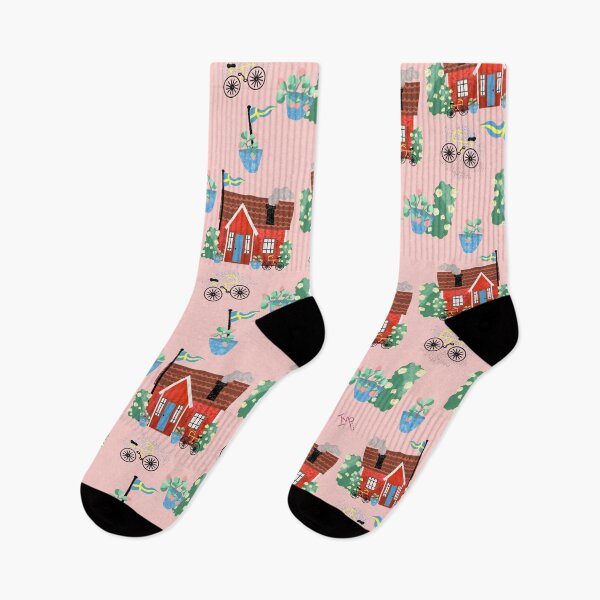 Artikelvorschau, Schwedisches Sommerhaus mit Flaggen – Midsommar Stuga – rosa Hintergrund entworfen und verkauft von Ingrid Poole.