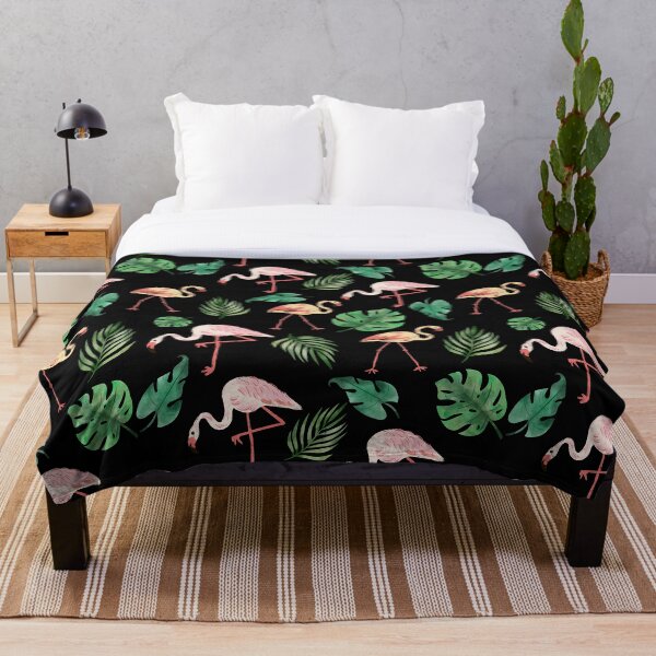 Artikelvorschau, Flamingo mit Blättern Muster schwarz entworfen und verkauft von PoppyPattern.