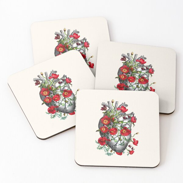 Item preview, Floral anatomy of a heart with  red flowers anemones, floral heart art designed and sold by Collagedream.