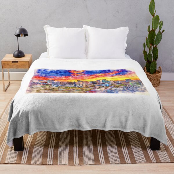 Artikelvorschau, Skyline der Innenstadt von Fort Lauderdale bei Sonnenaufgang - Stift und Aquarell entworfen und verkauft von NickoPrints.