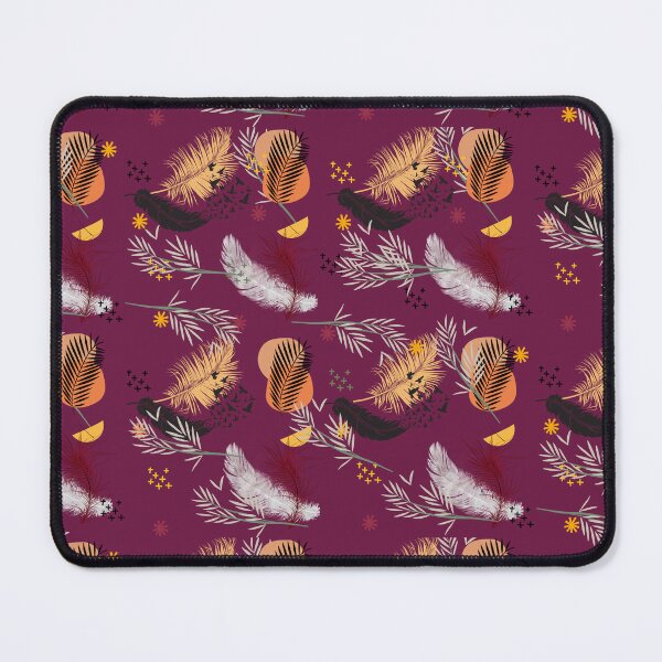 Item preview, Patrón cretona de plumas blancas, negras, rojas y amarillas con hojas de palma, plantas, pájaros y estrellas, hola primavera, hola verano, fondo morado designed and sold by BOUYAHI.