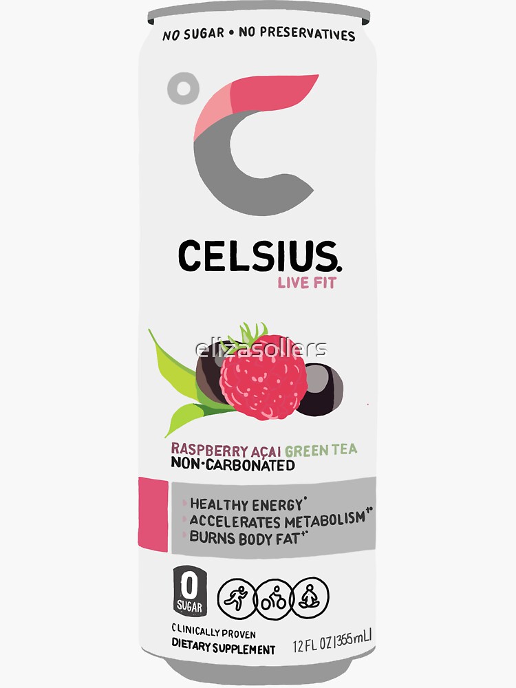 "Raspberry açaí green tea Celsius" Sticker by elizasollers Redbubble
