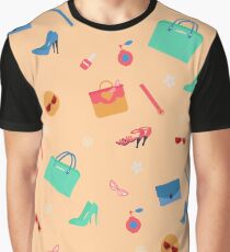 Womens Fashion Seamless Pattern with Accessories, Clothing and Cosmetics Graphic T-Shirt