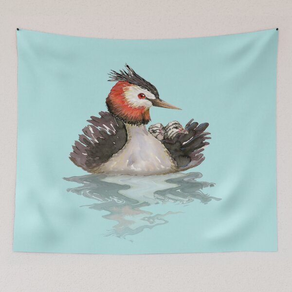 Item preview, Great Crested grebe with chicks watercolor designed and sold by Bwiselizzy.