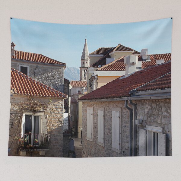 Item preview, Picturesque Street in Old Town Budva with a tower of the Catholic Church of Saint John Ivan, Montenegro designed and sold by branaghbel.