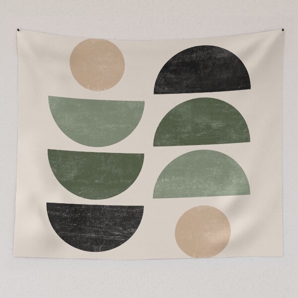 Item preview, Geometric Shapes Mid Century Modern Art in Beige, Green and Black designed and sold by ArticraftShop.