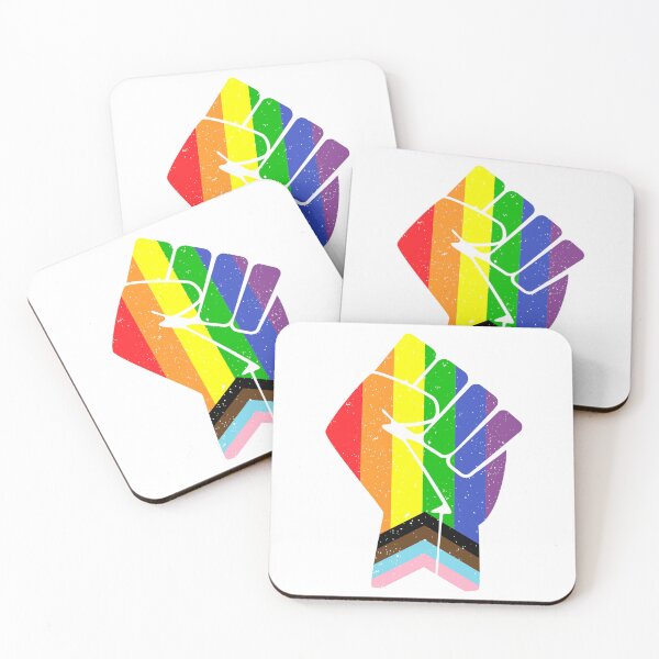 Artikelvorschau, LGBT (Fortschritt) Pride Flag mit erhobener Faust entworfen und verkauft von Happy Puppy Print On Demand.