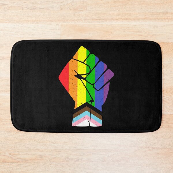 Item preview, LGBT (Progress) Pride Flag with raised fist designed and sold by Happy Puppy Print On Demand.