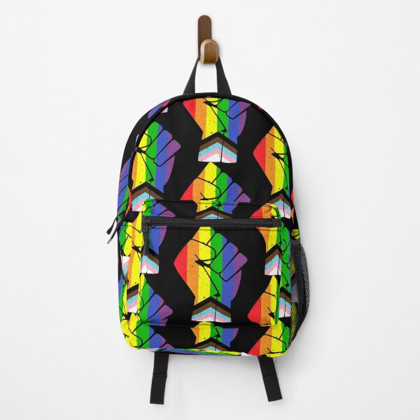Item preview, LGBT (Progress) Pride Flag with raised fist designed and sold by Happy Puppy Print On Demand.