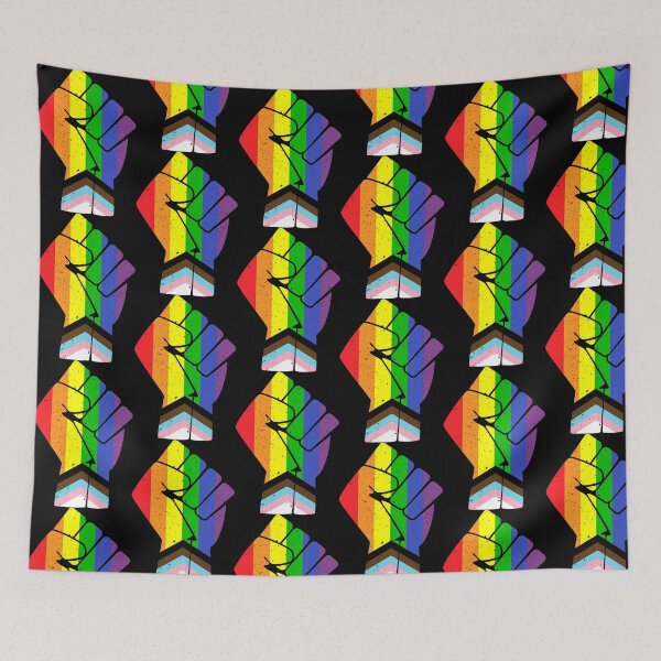 Item preview, LGBT (Progress) Pride Flag with raised fist designed and sold by Happy Puppy Print On Demand.