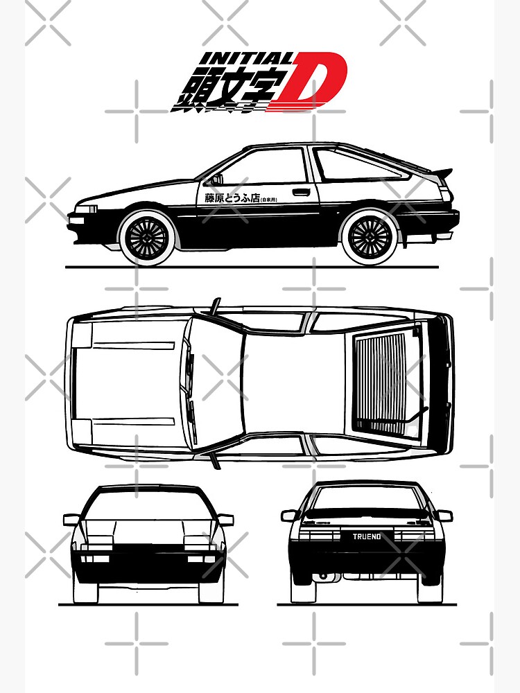 Initial D AE86 Toyota Trueno Blueprint - White | Art Board Print