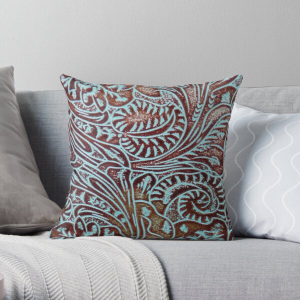 Aqua Brown Tooled Leather Throw Pillow