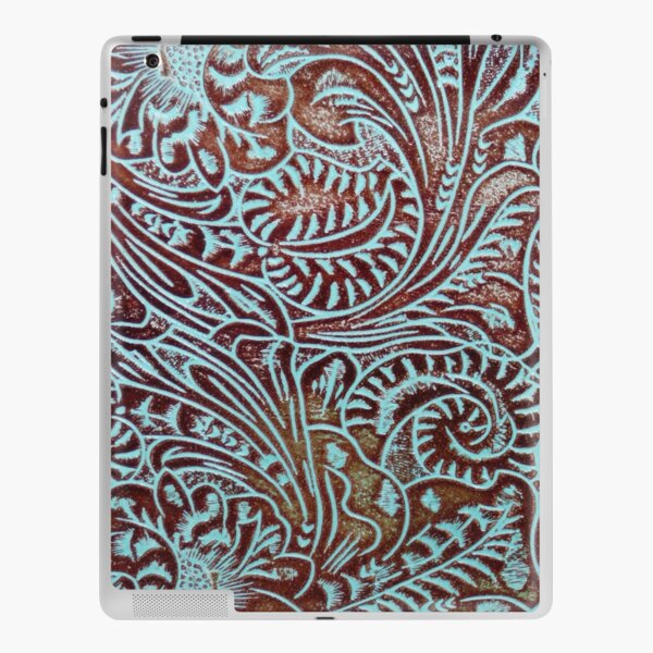 Aqua Brown Tooled Leather Pattern iPad Skin