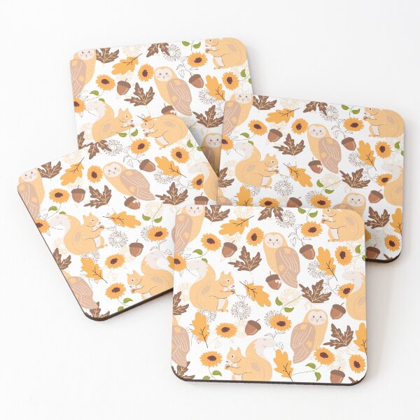 Item preview, Owls and squirrels with sunflowers and leaves (white-brown) designed and sold by Dorina Larsdotter.