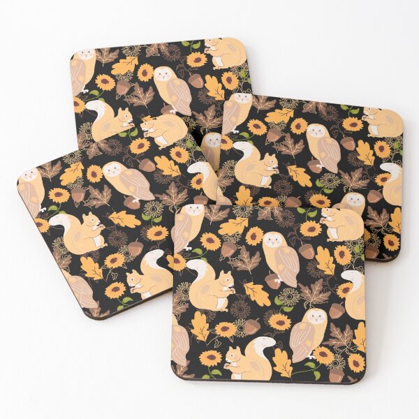 Item preview, Owls and squirrels with sunflowers and leaves (black-brown) designed and sold by Dorina Larsdotter.