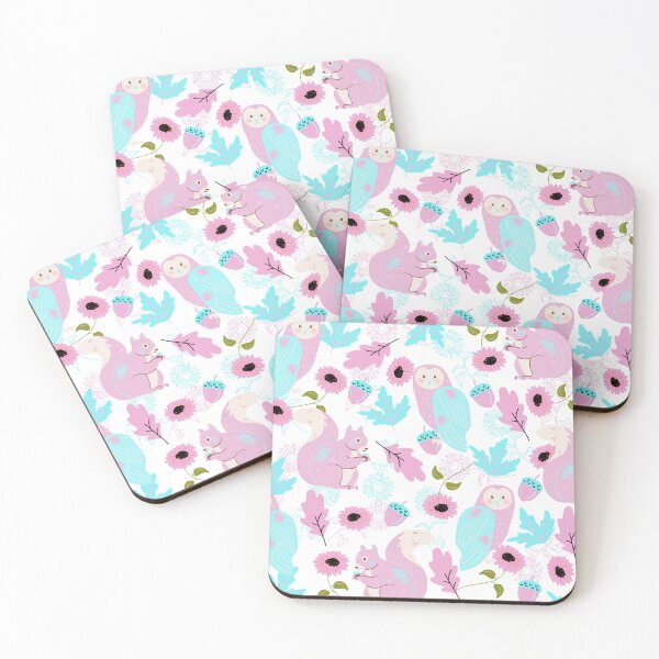 Item preview, Owls and squirrels with sunflowers and leaves (white-blue-pink) designed and sold by Dorina Larsdotter.