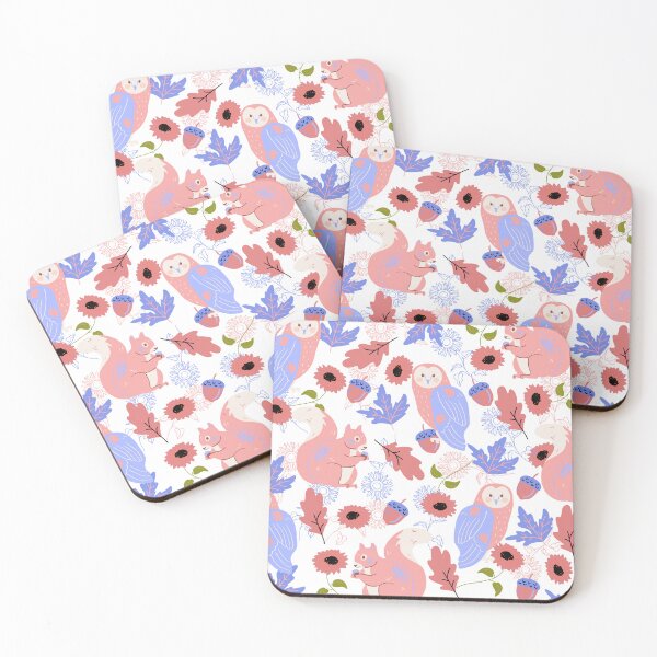 Item preview, Owls and squirrels with sunflowers and leaves (white-blue-red) designed and sold by Dorina Larsdotter.