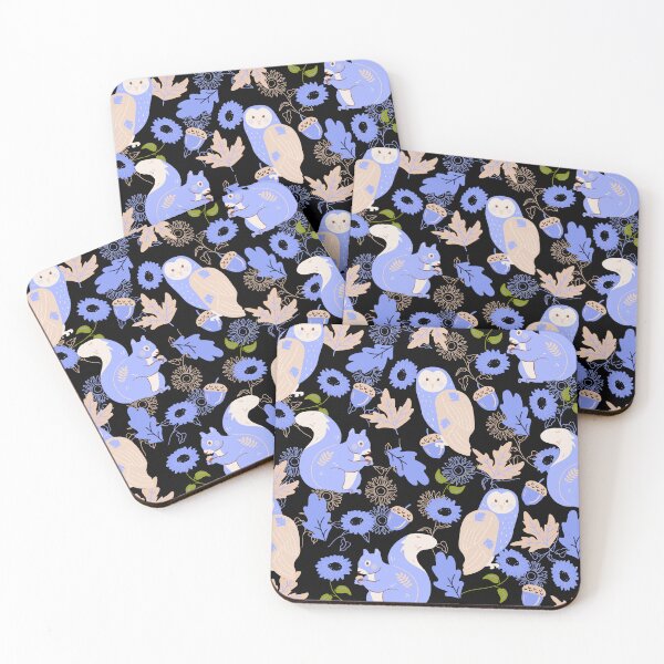 Item preview, Owls and squirrels with sunflowers and leaves (black-blue) designed and sold by Dorina Larsdotter.