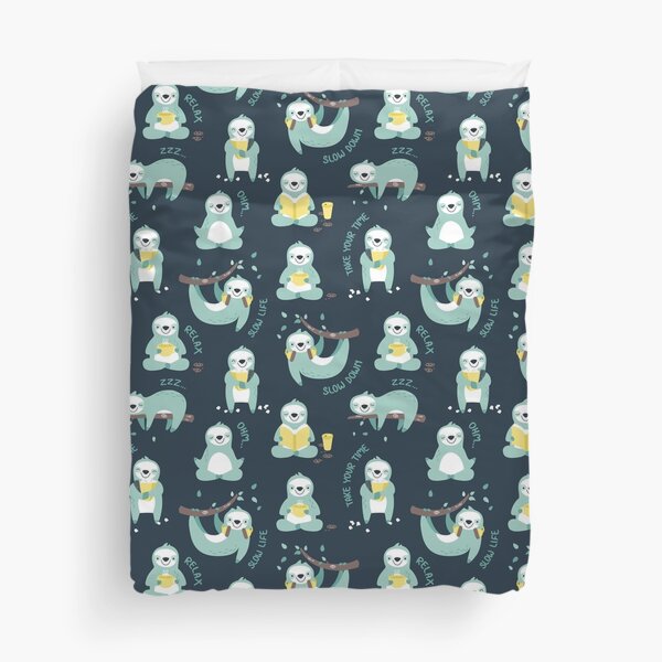 Lazy Sloth - mint nad yellow dark pattern design Duvet Cover